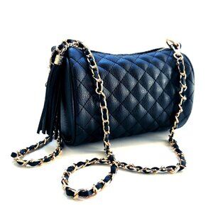New DELUXITY Quilted Barrel Crossbody Bag with Tassel and Chain Strap Black